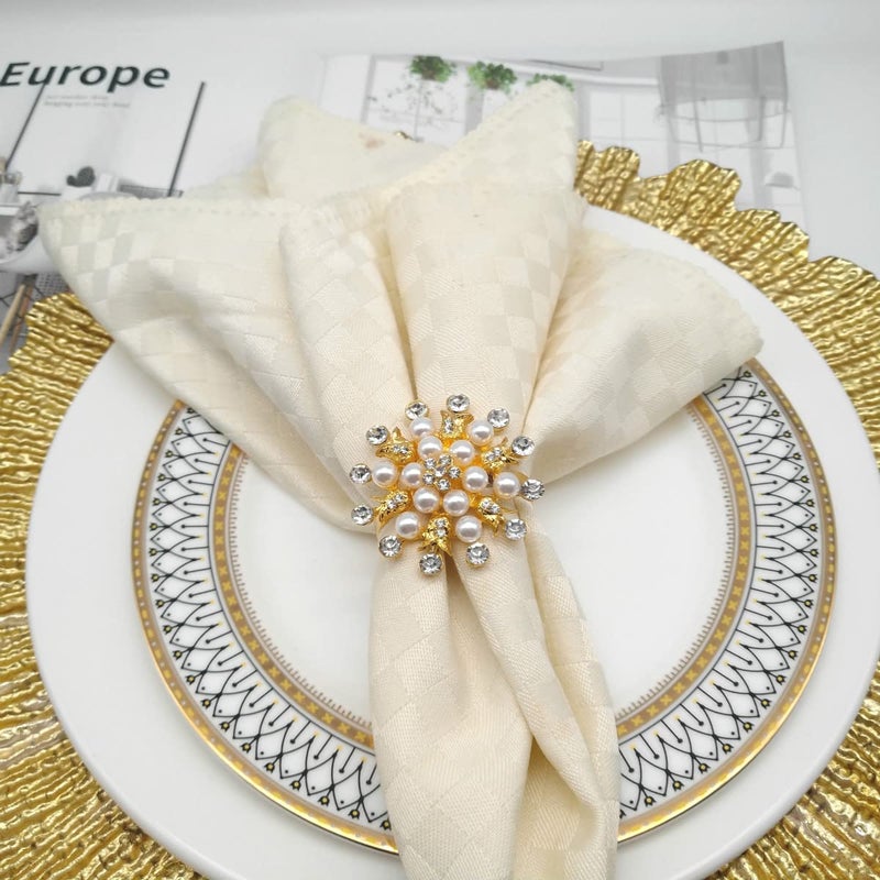 Joyindecor Gold Napkin Rings Set of 6 - Snowflake Pearl Rhinestone Napkin Ring Holder for Wedding Party Home Kitchen Dining Table Linen Accessories (Golden) - Image 3
